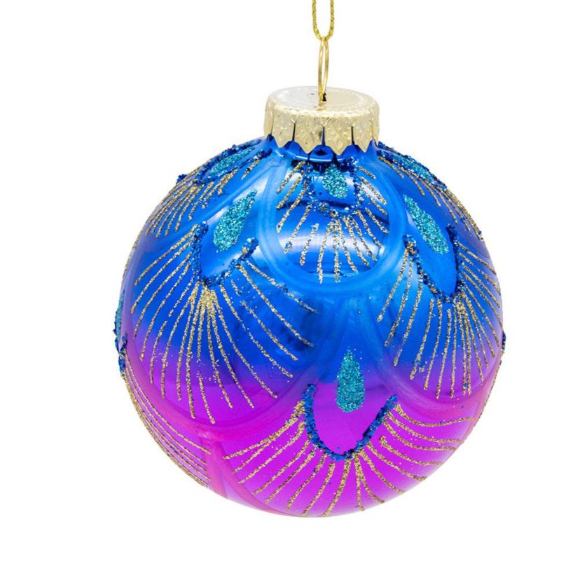80MM Glass Purple and Blue Peacock Ball Ornaments, beautifully packaged in a 6-piece box