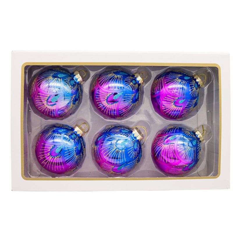 80MM Glass Purple and Blue Peacock Ball Ornaments, beautifully packaged in a 6-piece box
