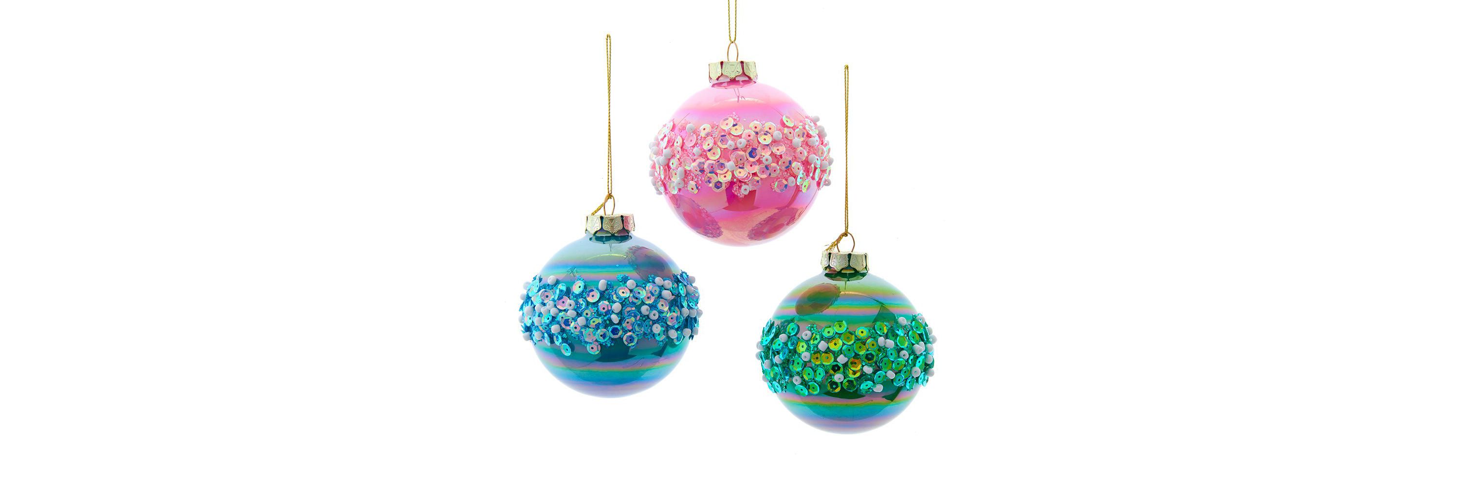 80MM Glass Pink, Blue and Green Glittered Ball Ornaments, 6-Piece Box