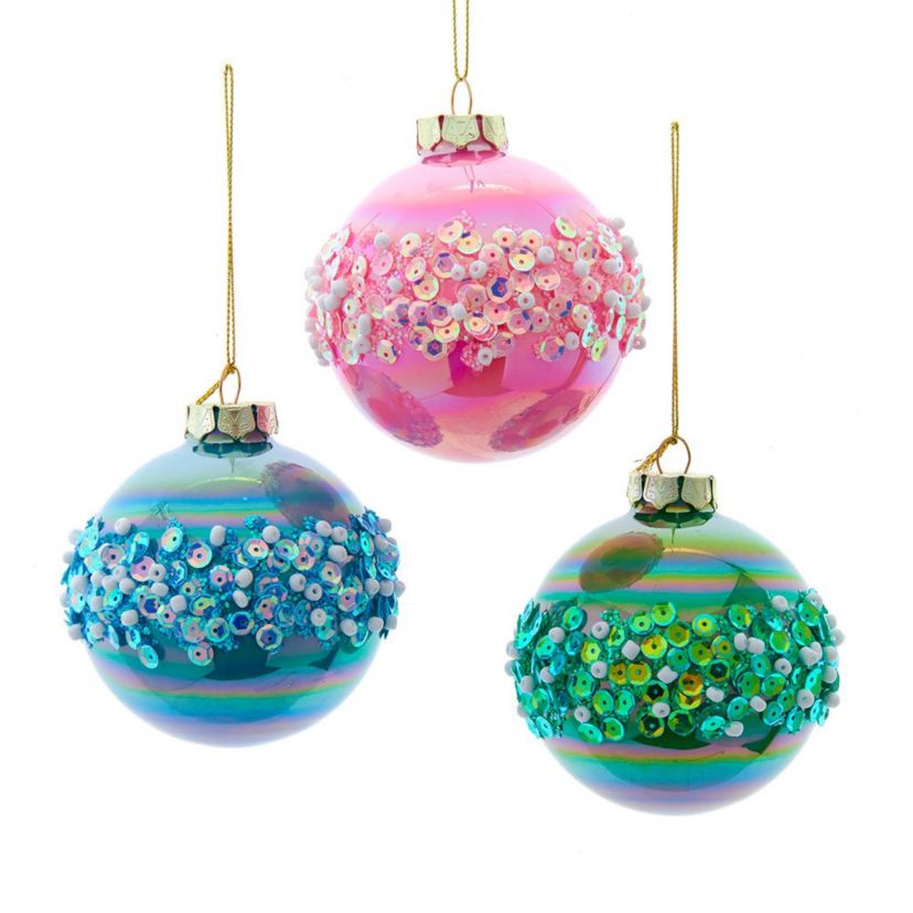 80MM Glass Pink, Blue and Green Glittered Ball Ornaments, 6-Piece Box