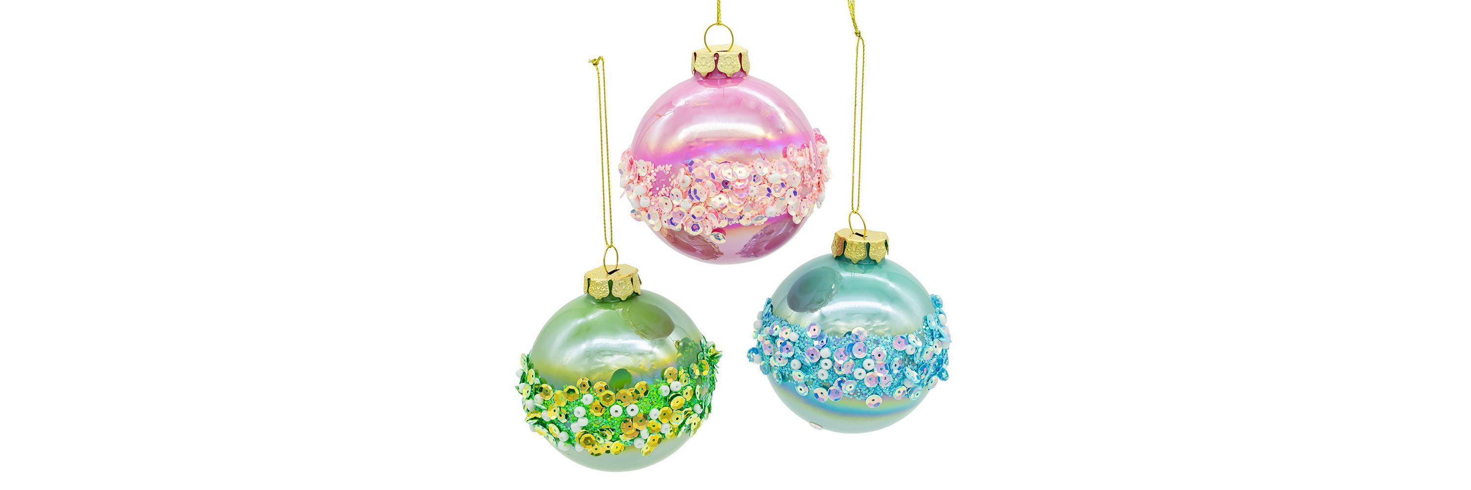 80MM Glass Pink, Blue and Green Glittered Ball Ornaments, 6-Piece Box