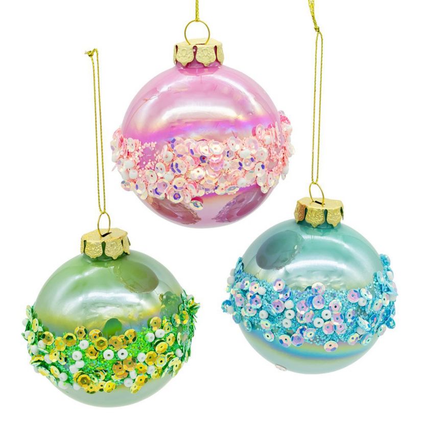 80MM Glass Pink, Blue and Green Glittered Ball Ornaments, 6-Piece Box