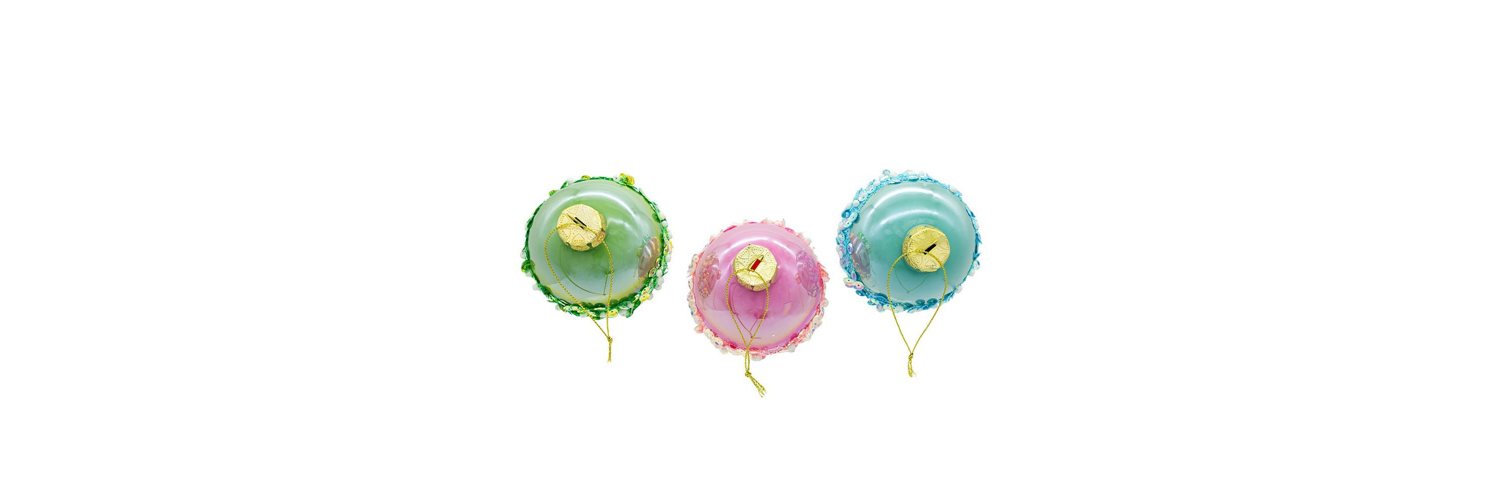 80MM Glass Pink, Blue and Green Glittered Ball Ornaments, 6-Piece Box