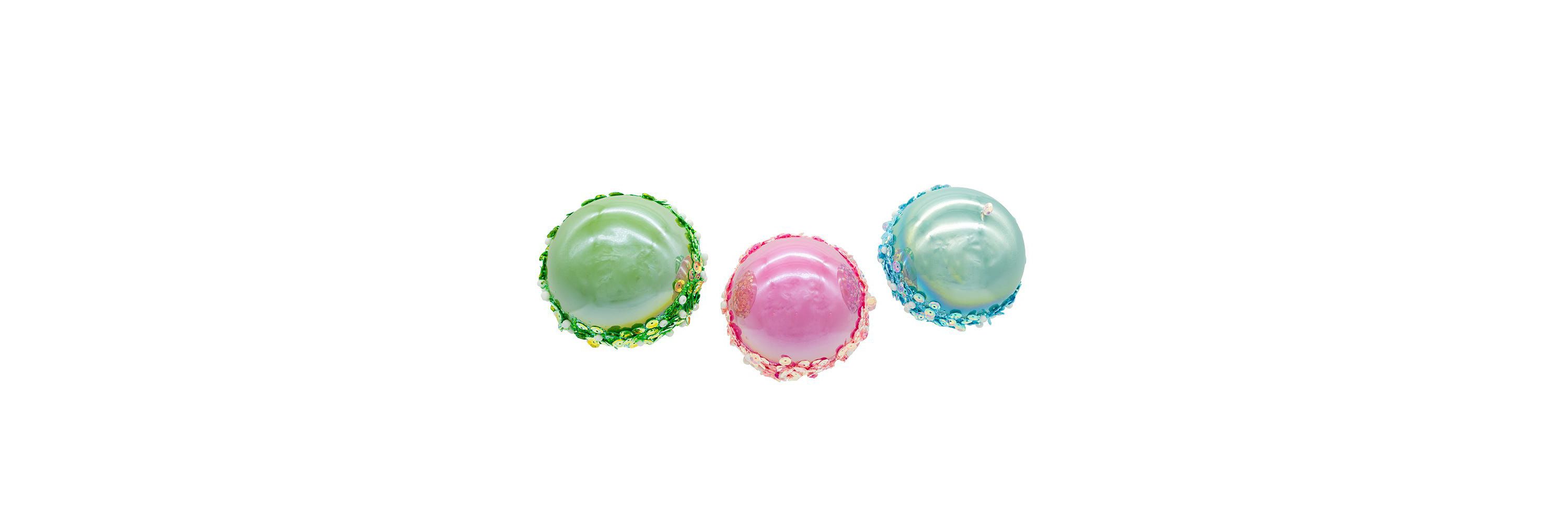 80MM Glass Pink, Blue and Green Glittered Ball Ornaments, 6-Piece Box