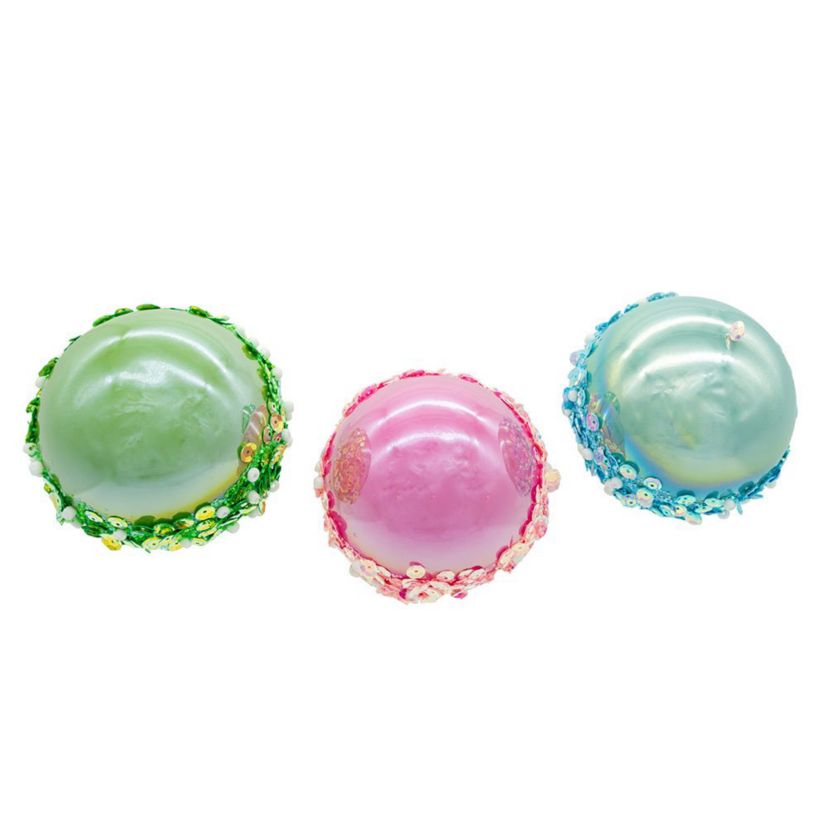 80MM Glass Pink, Blue and Green Glittered Ball Ornaments, 6-Piece Box
