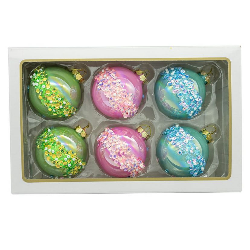 80MM Glass Pink, Blue and Green Glittered Ball Ornaments, 6-Piece Box