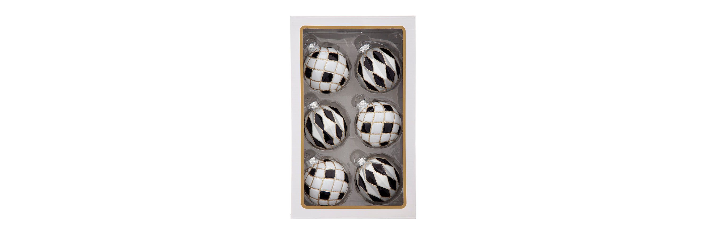 80MM Glass Black, White and Gold Checkered Ball Ornaments, 6-Piece Box