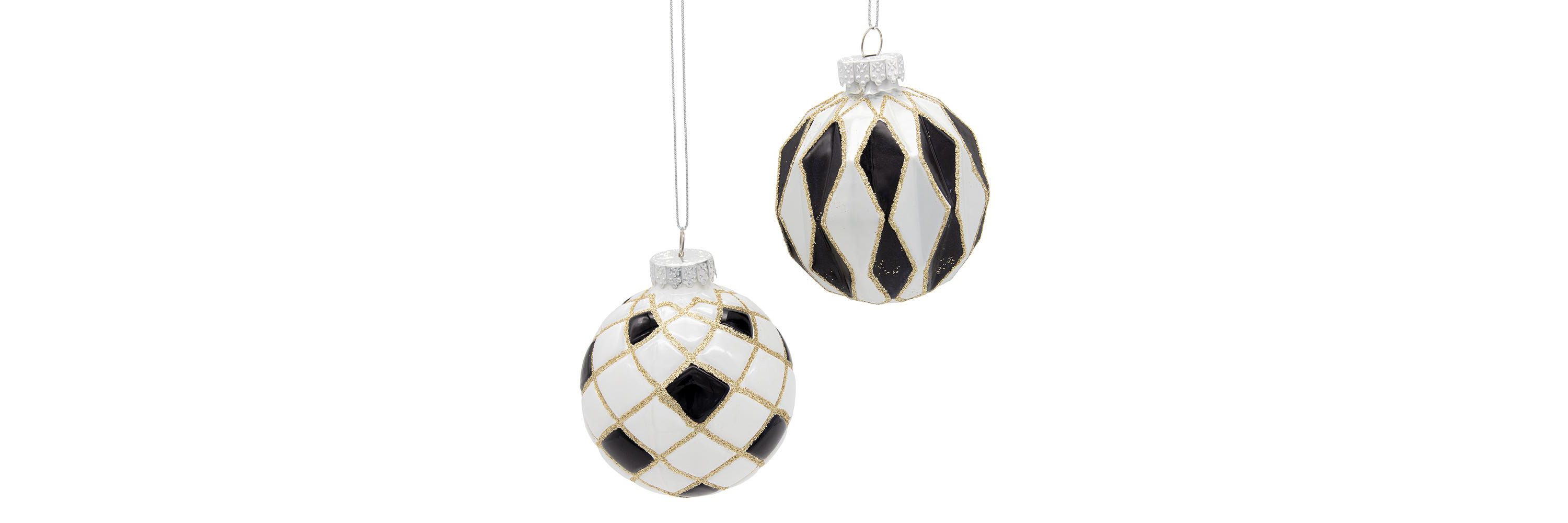 80MM Glass Black, White and Gold Checkered Ball Ornaments, 6-Piece Box