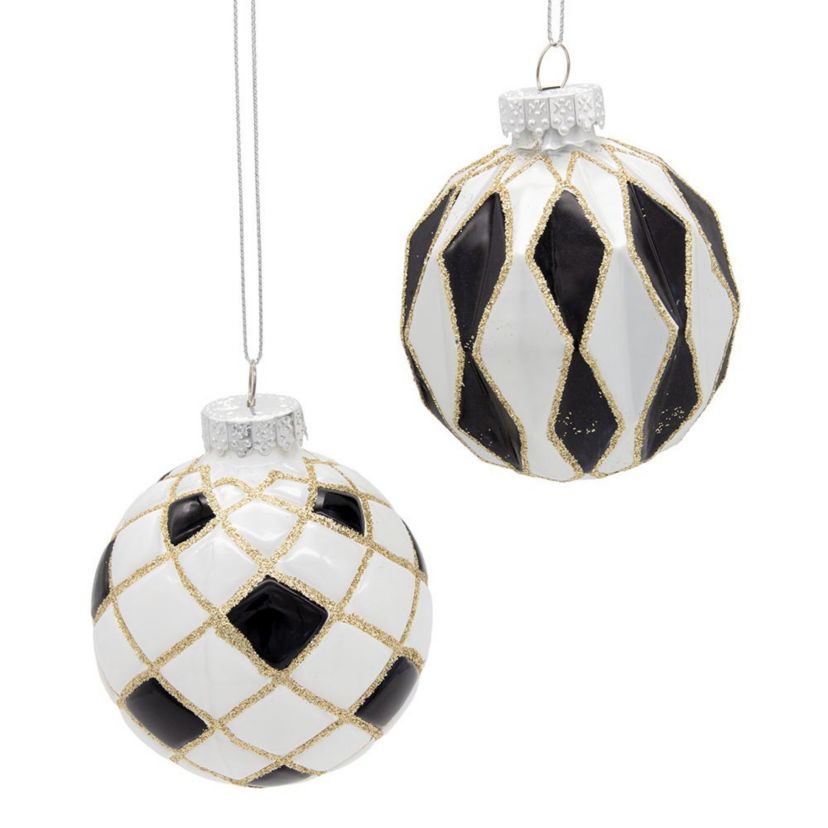 80MM Glass Black, White and Gold Checkered Ball Ornaments, 6-Piece Box