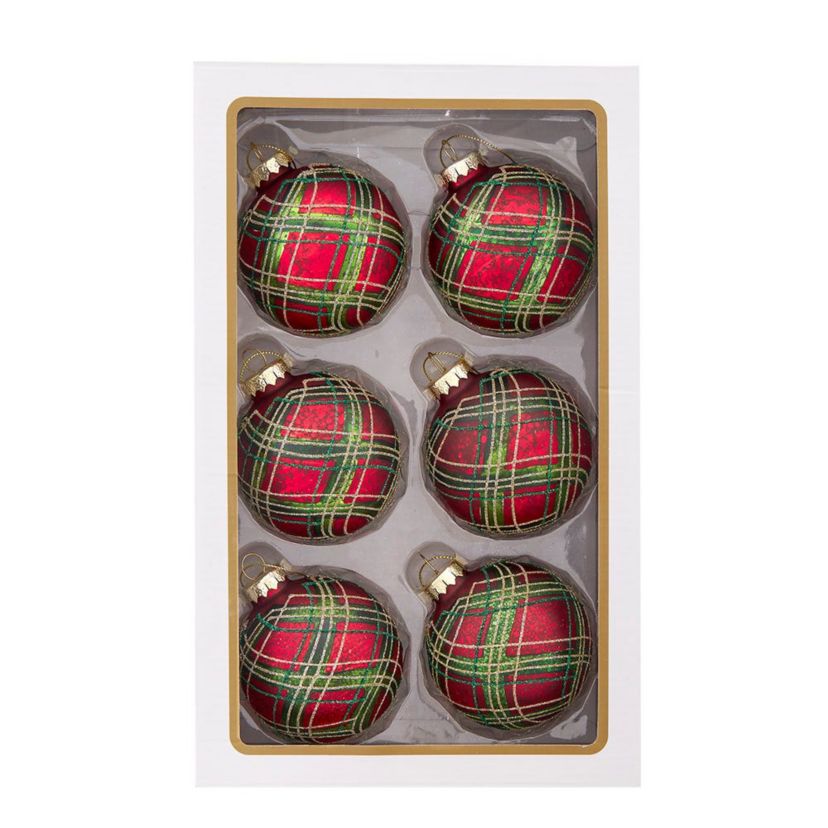 80MM Glass Matte Red and Green Striped Ball Ornaments, 6-Piece Set