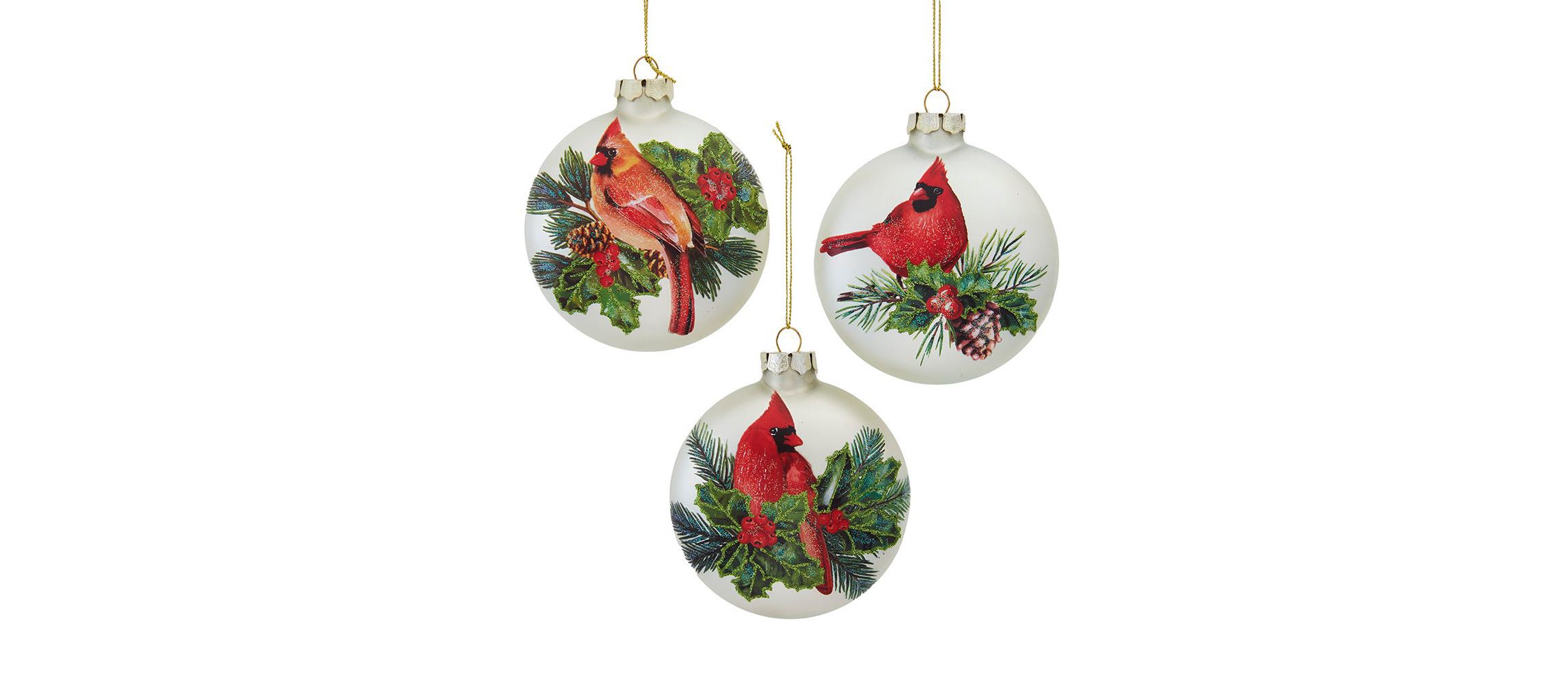 100MM Glass Cardinal With Holly Berry Flat Ball Ornaments, 3-Piece Box