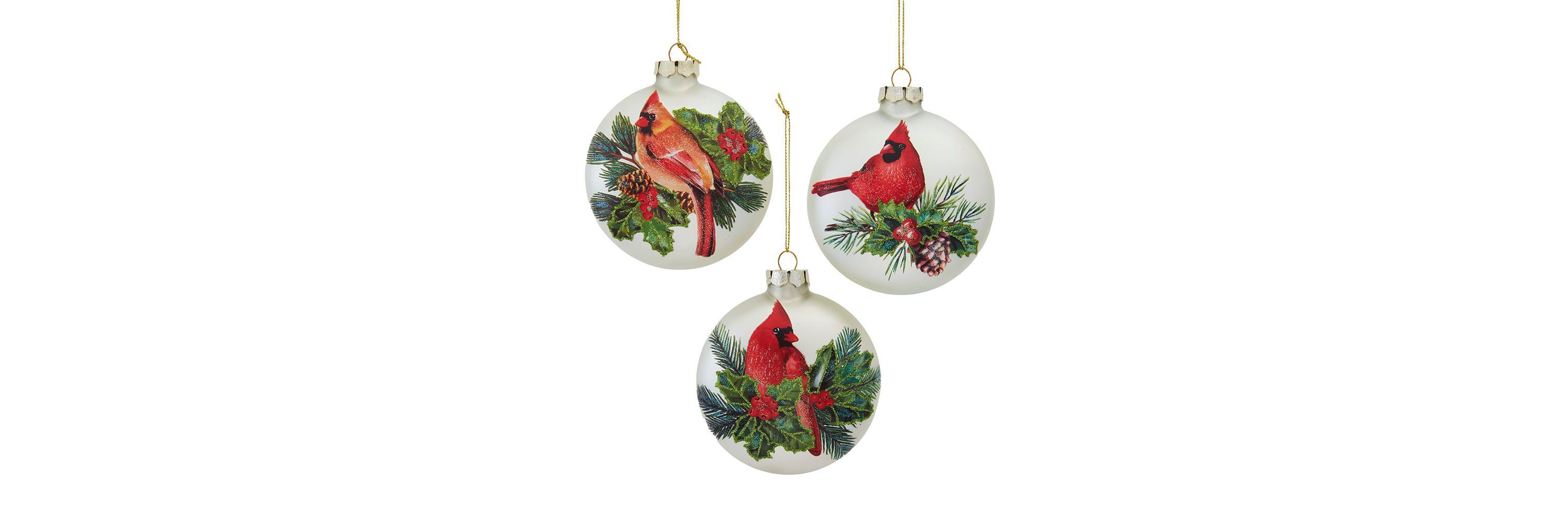 100MM Glass Cardinal With Holly Berry Flat Ball Ornaments, 3-Piece Box