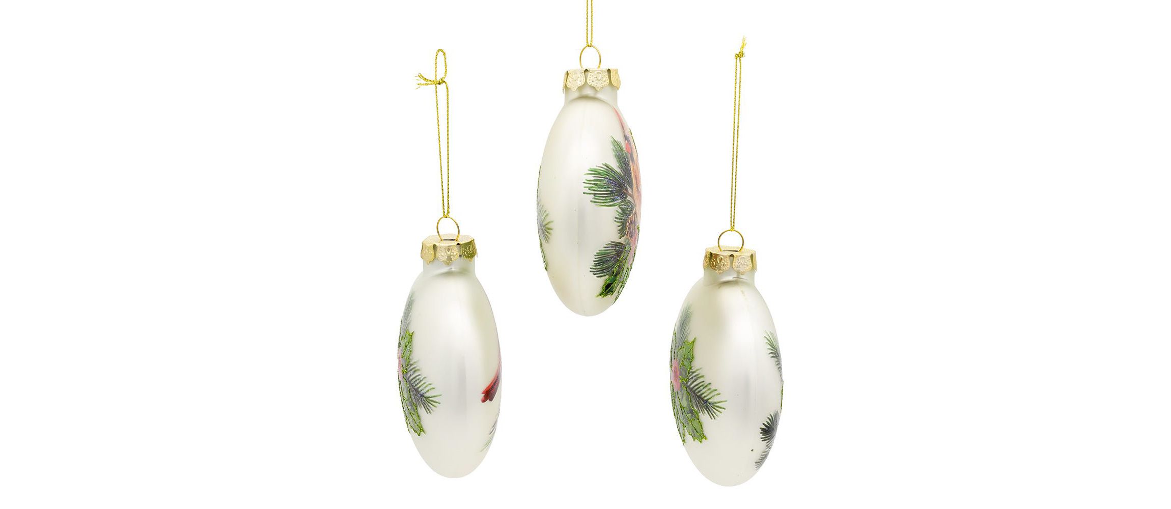 100MM Glass Cardinal With Holly Berry Flat Ball Ornaments, 3-Piece Box