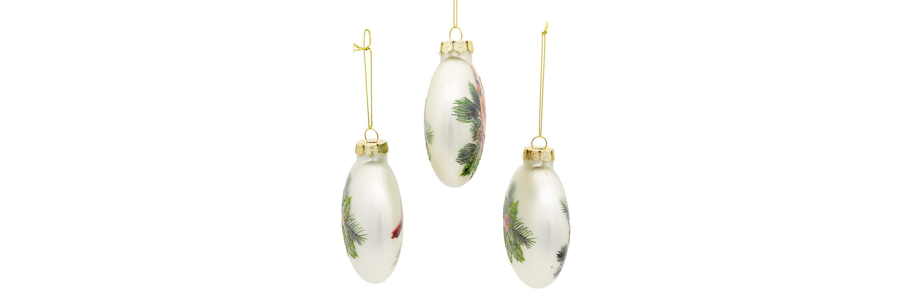 100MM Glass Cardinal With Holly Berry Flat Ball Ornaments, 3-Piece Box