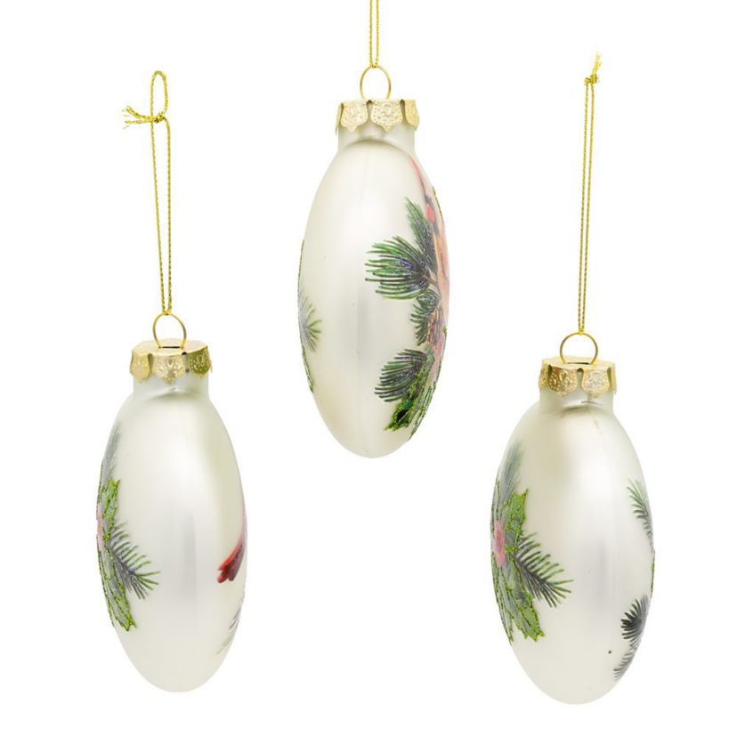 100MM Glass Cardinal With Holly Berry Flat Ball Ornaments, 3-Piece Box