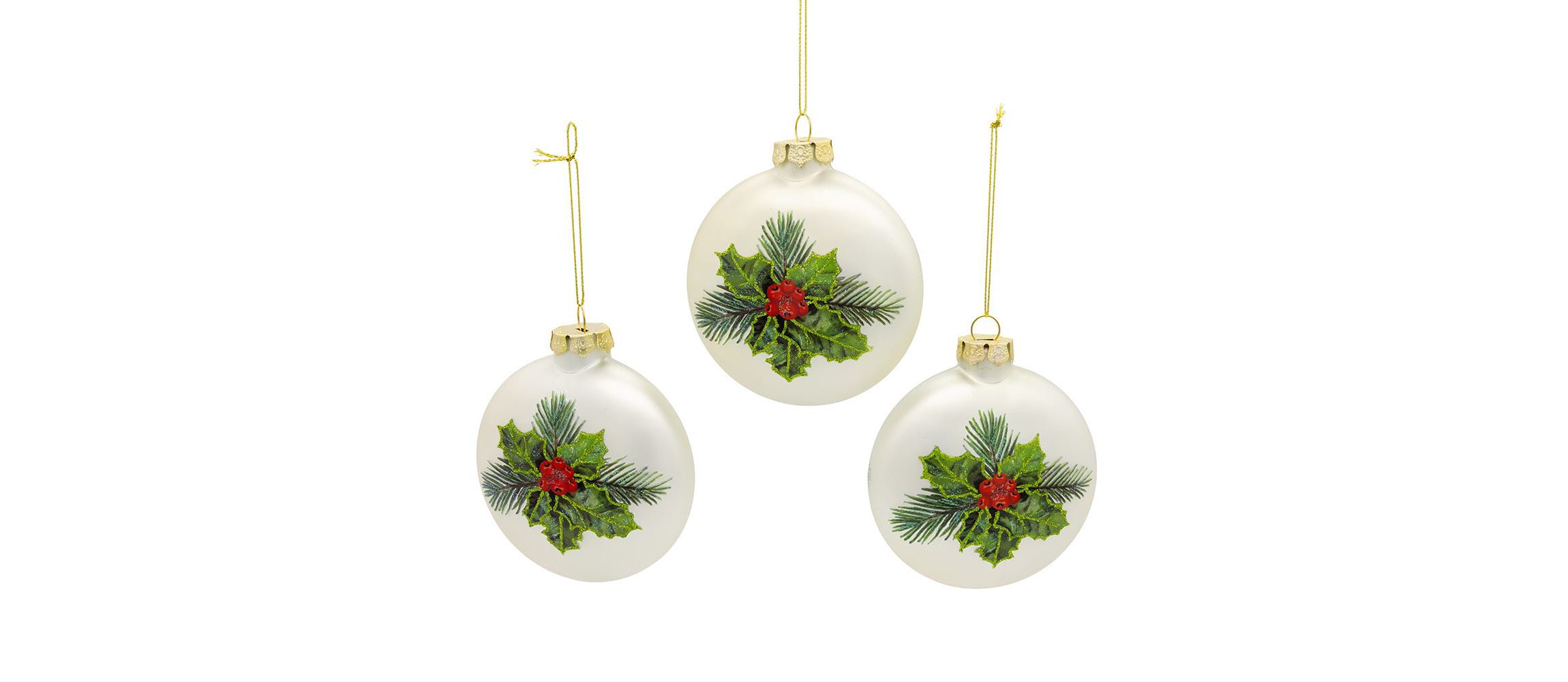 100MM Glass Cardinal With Holly Berry Flat Ball Ornaments, 3-Piece Box