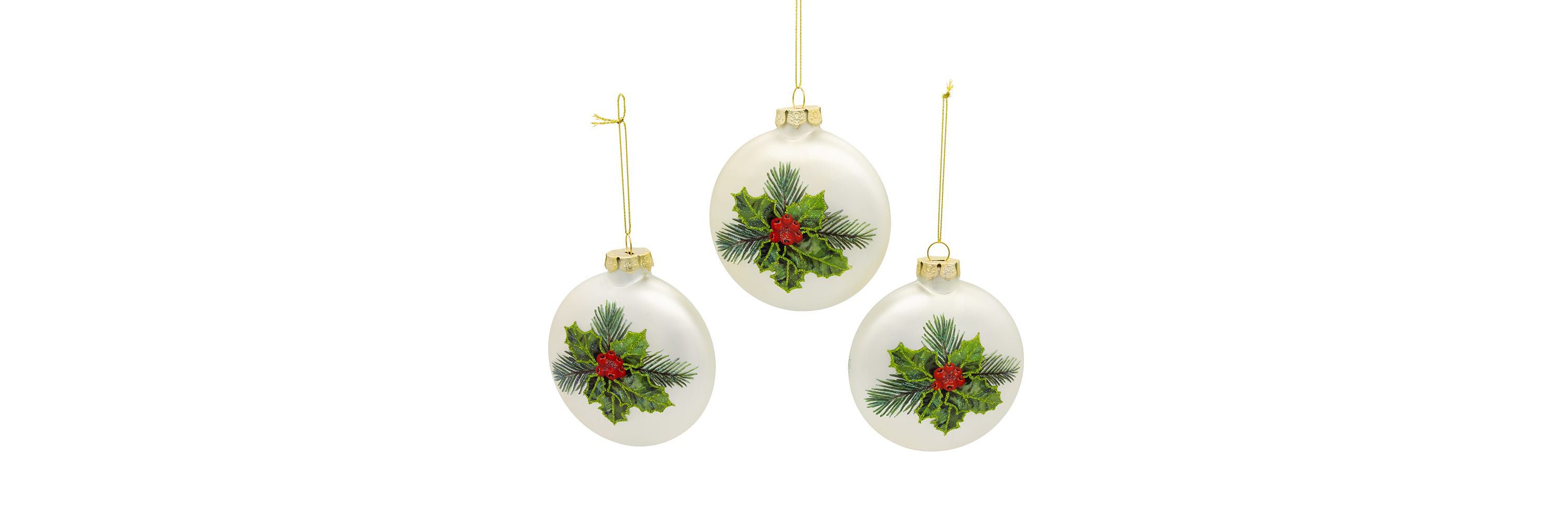 100MM Glass Cardinal With Holly Berry Flat Ball Ornaments, 3-Piece Box