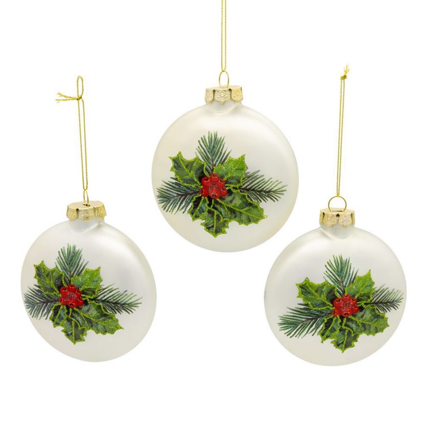 100MM Glass Cardinal With Holly Berry Flat Ball Ornaments, 3-Piece Box