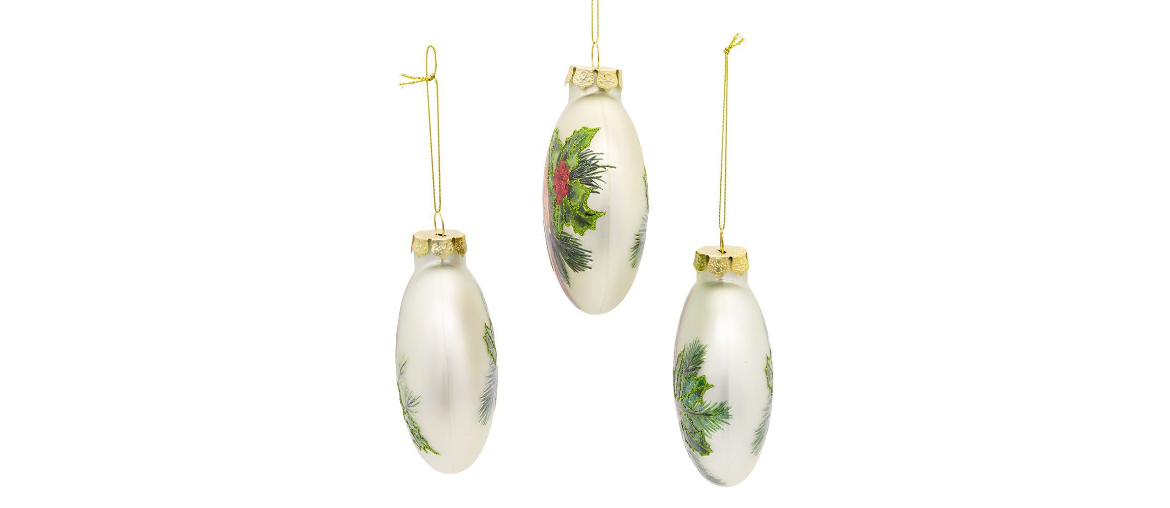 100MM Glass Cardinal With Holly Berry Flat Ball Ornaments, 3-Piece Box