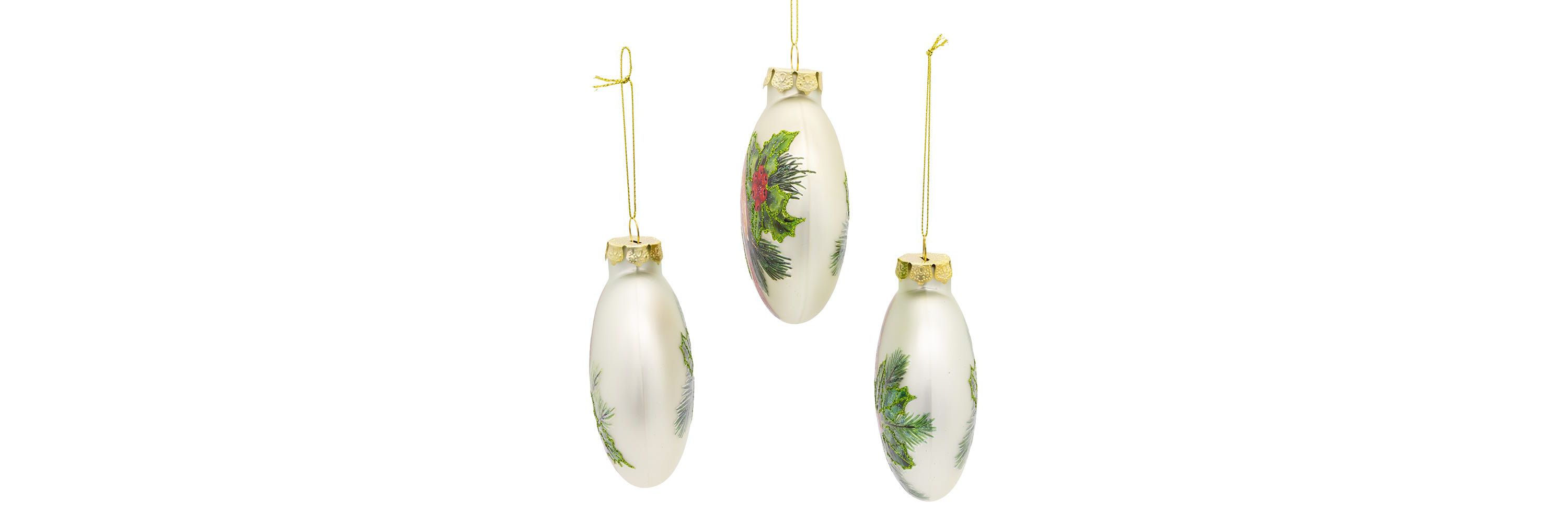 100MM Glass Cardinal With Holly Berry Flat Ball Ornaments, 3-Piece Box
