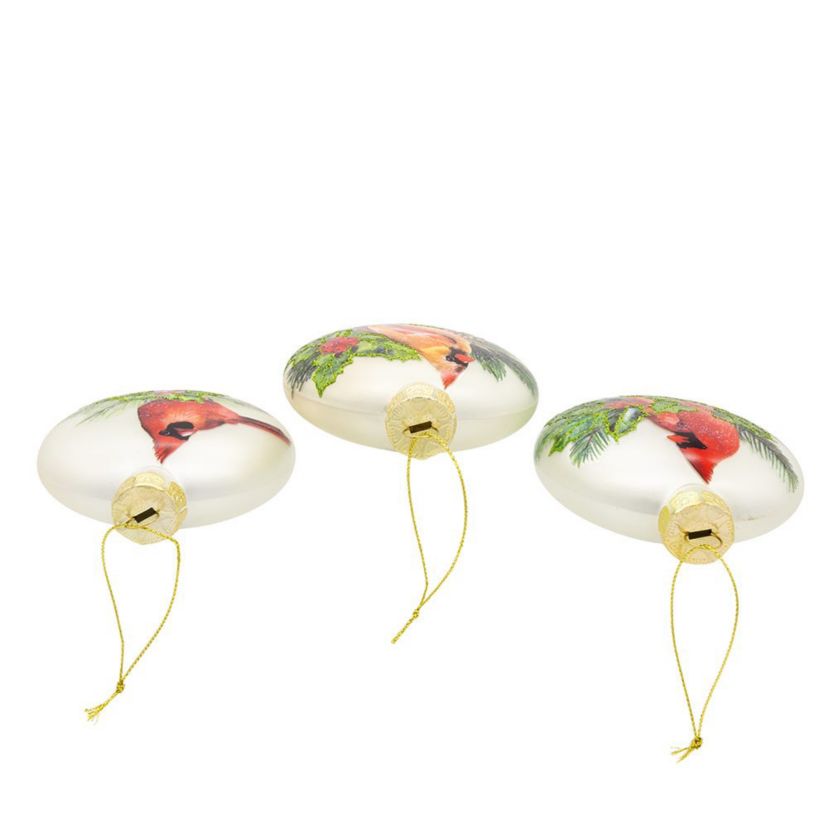 100MM Glass Cardinal With Holly Berry Flat Ball Ornaments, 3-Piece Box