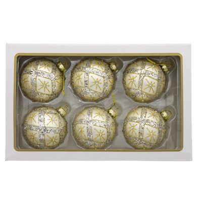 Kurt S. Adler 80MM Glass Silver Balls With Gold and Silver CrissCross Glitter Design Set, 6Pieces