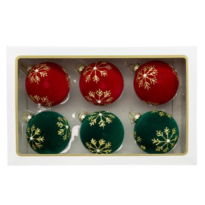 Kurt S. Adler 80MM Glass Flocked Red and Green With Gold Snowflakes Ball Ornaments, 6Piece Set