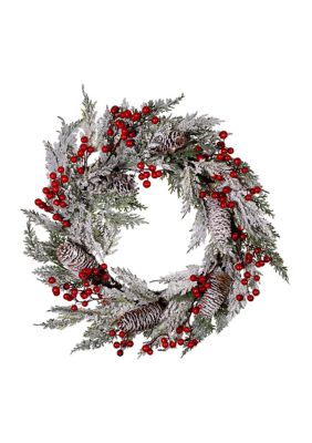 20-Inch Unlit Flocked Rattan Wreath with Red Berries