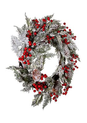 20-Inch Unlit Flocked Rattan Wreath with Red Berries
