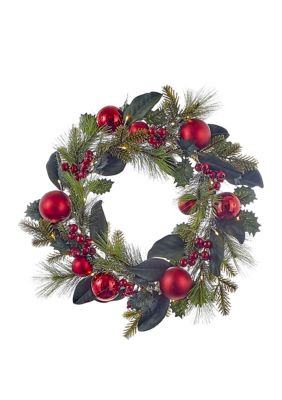 22 Inch Battery Operated Red Berries and Balls LED Wreath