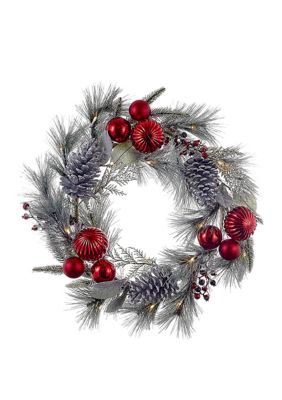 22 Inch Battery-Operated Red Berries, Balls and Silver Pinecone Wreath