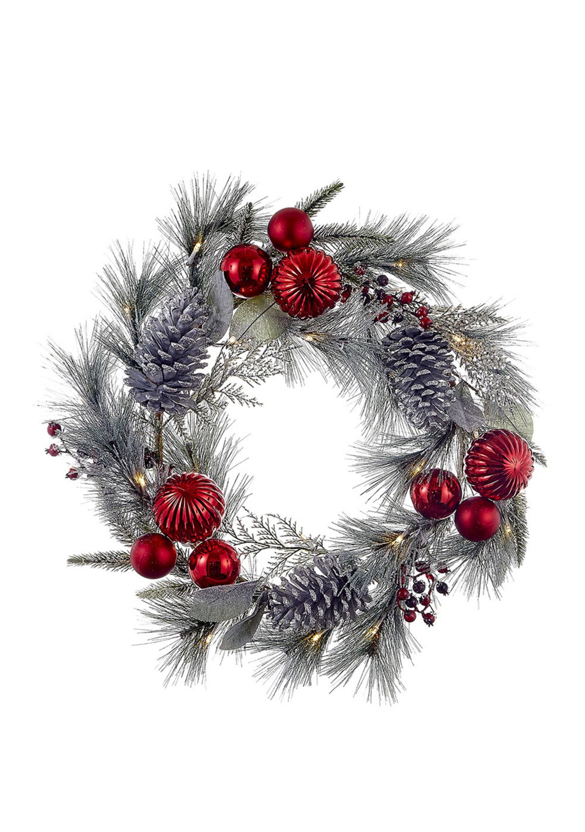 22 Inch Battery-Operated Red Berries, Balls and Silver Pinecone Wreath