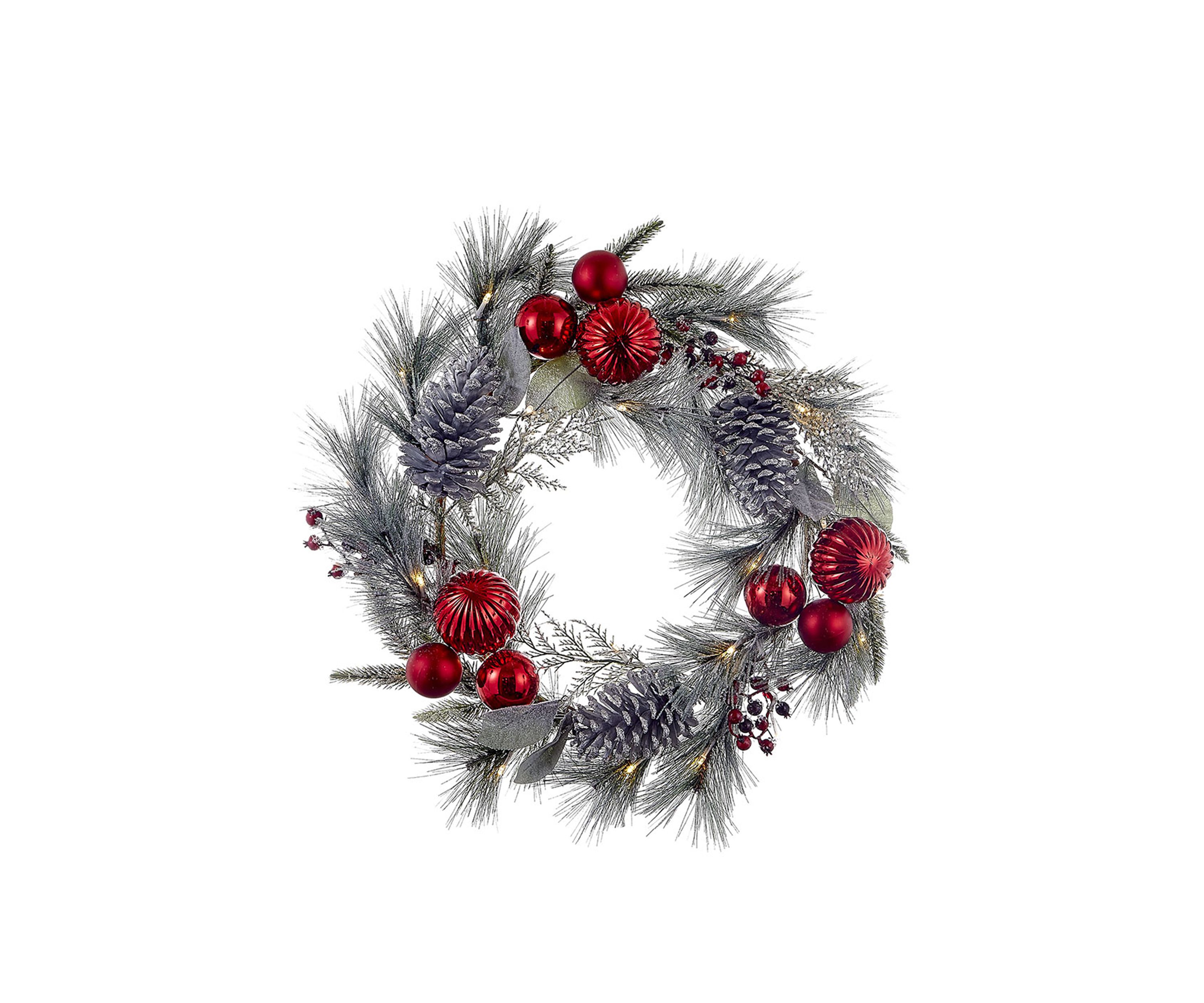 22 Inch Battery-Operated Red Berries, Balls and Silver Pinecone Wreath