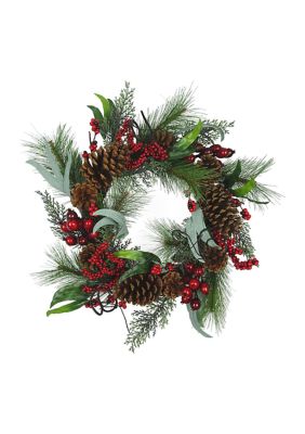 Wreath with Red Berries, Leaves, and Pinecones