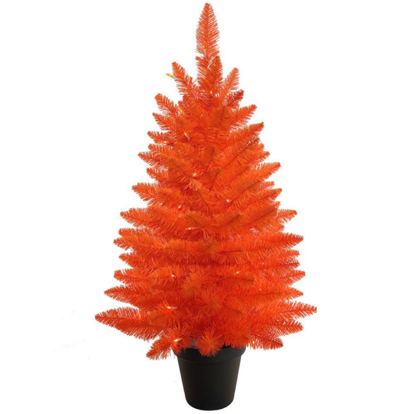 3-Foot Battery-Operated Pre-Lit Halloween Orange Potted Tree With Orange LED Lights