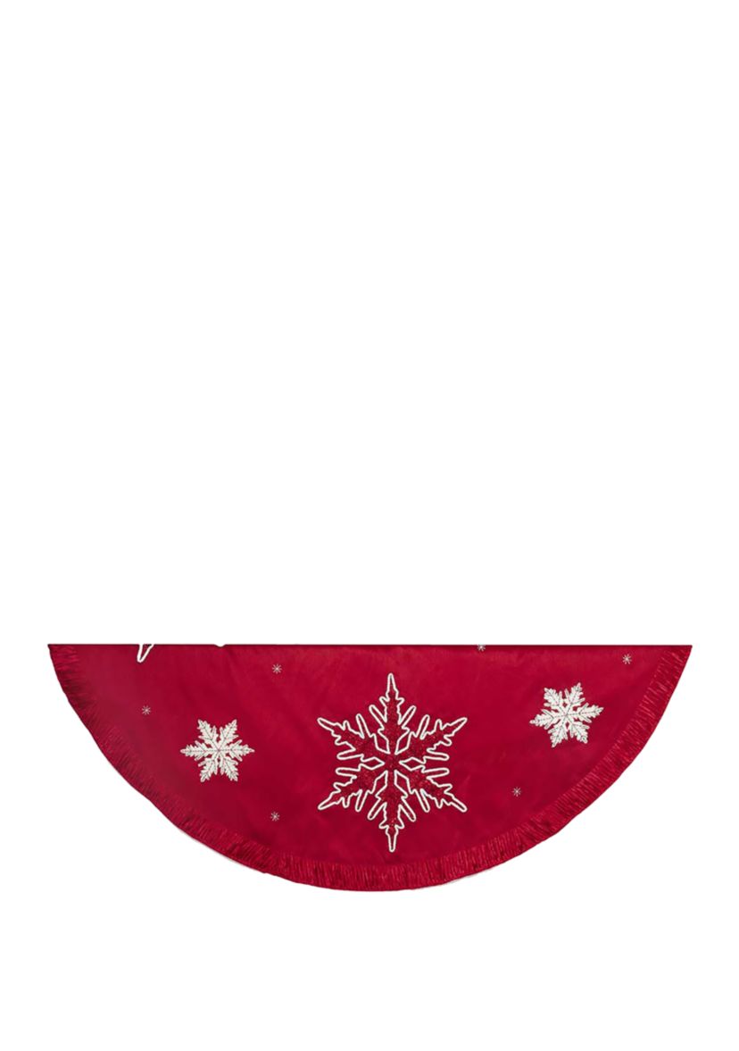  60-Inch Red Snowflake Embroidered and Pleated Tree Skirt 