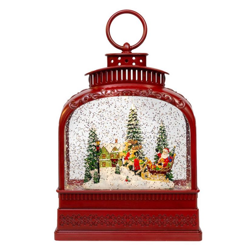 6.5-Inch Battery Operated USB LED Lighted Santa on Sleigh Lantern with Spinning Glitter Water
