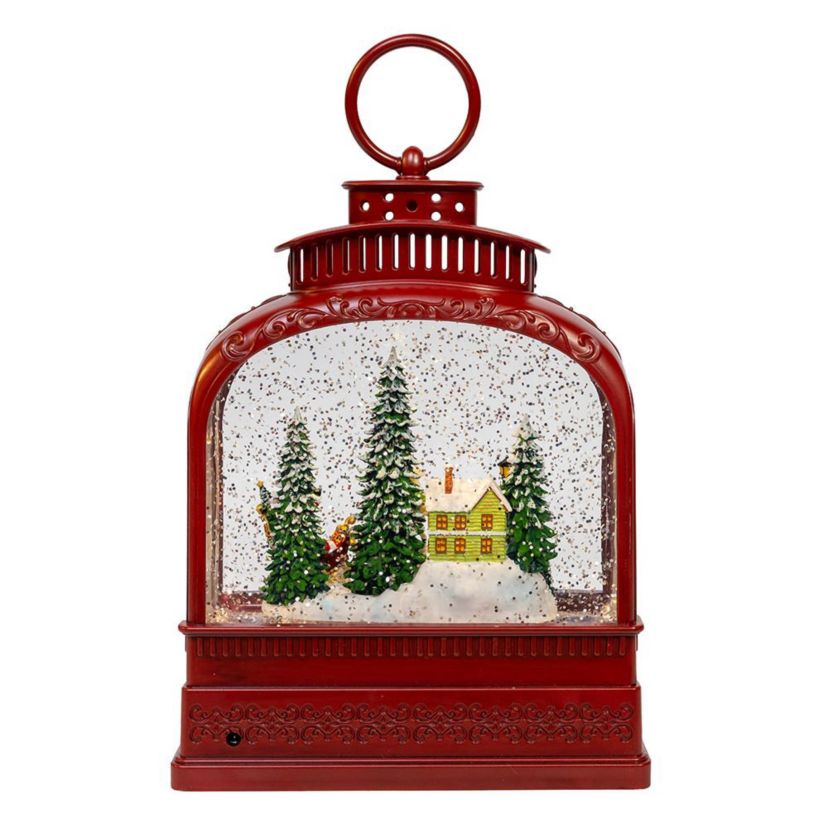 6.5-Inch Battery Operated USB LED Lighted Santa on Sleigh Lantern with Spinning Glitter Water