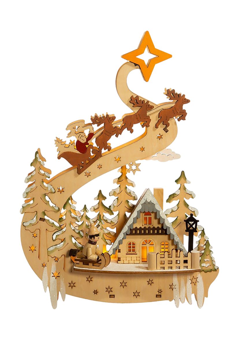 11.8-Inch Battery-Operated Light Up Wooden Christmas Village with Santa and Sleigh