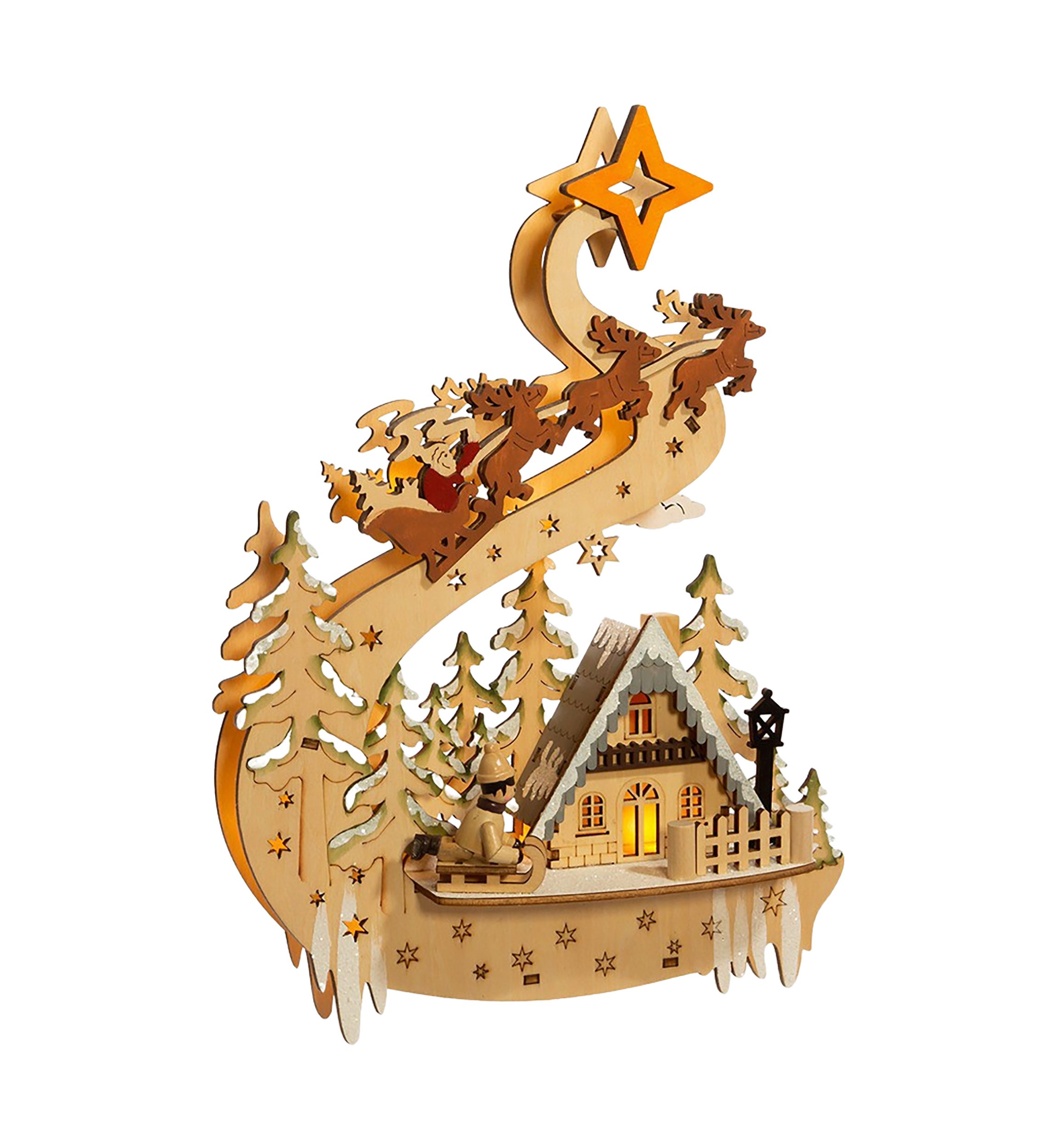 11.8-Inch Battery-Operated Light Up Wooden Christmas Village with Santa and Sleigh