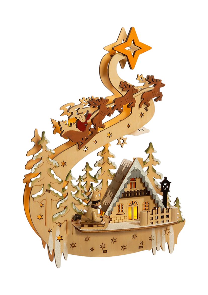 11.8-Inch Battery-Operated Light Up Wooden Christmas Village with Santa and Sleigh