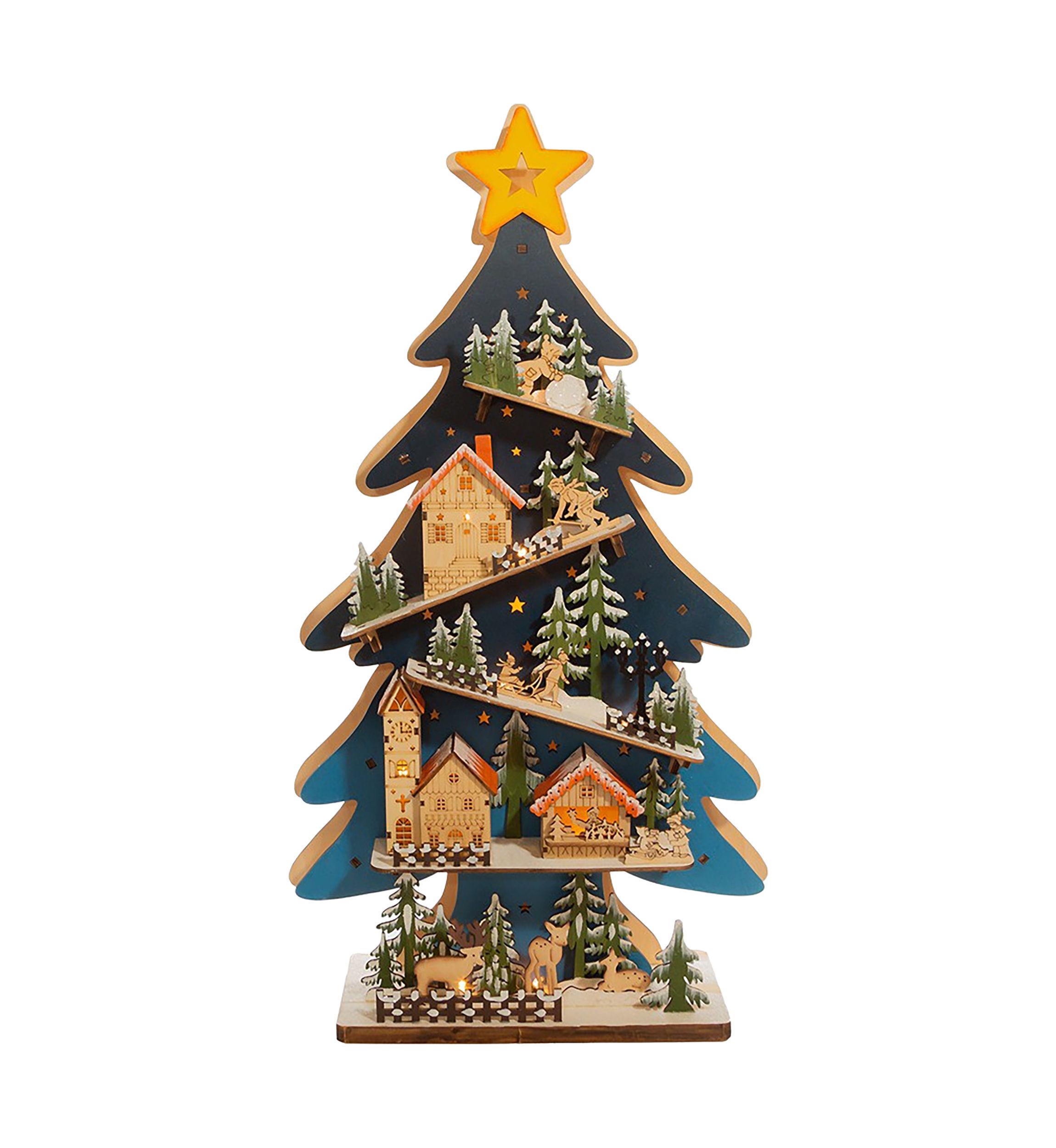 23.6-Inch Battery-Operated Light Up Wooden Christmas Tree with Village Scene