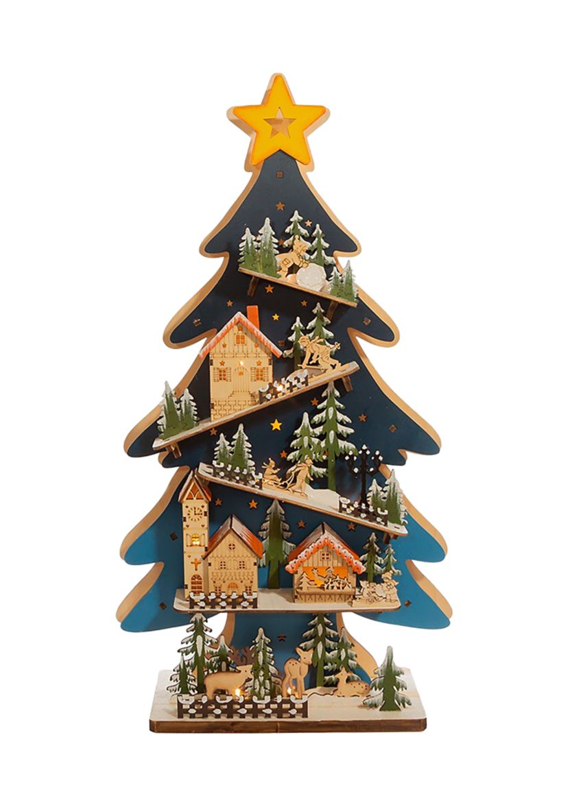 23.6-Inch Battery-Operated Light Up Wooden Christmas Tree with Village Scene