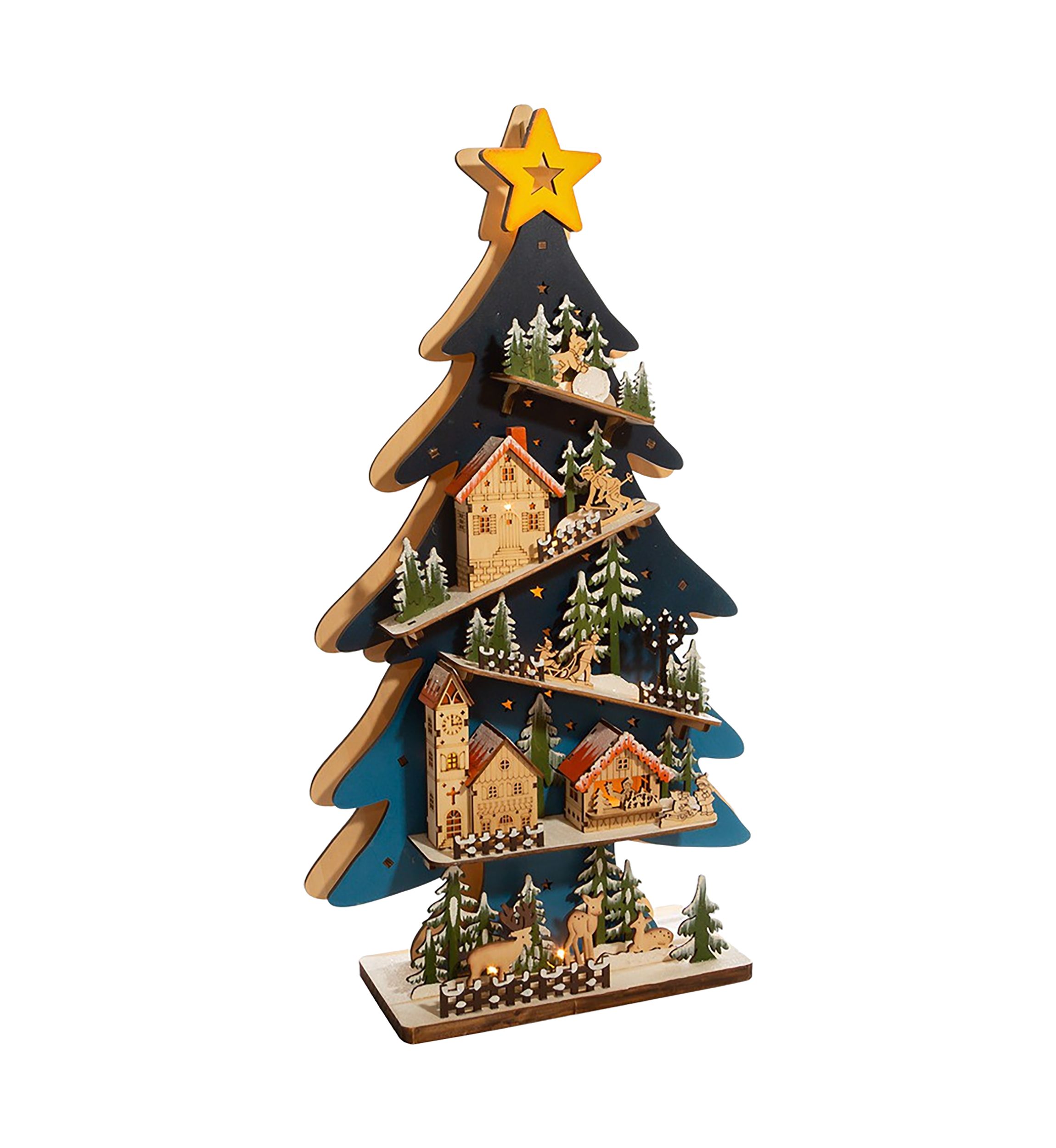 23.6-Inch Battery-Operated Light Up Wooden Christmas Tree with Village Scene