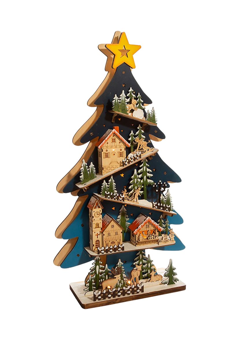23.6-Inch Battery-Operated Light Up Wooden Christmas Tree with Village Scene