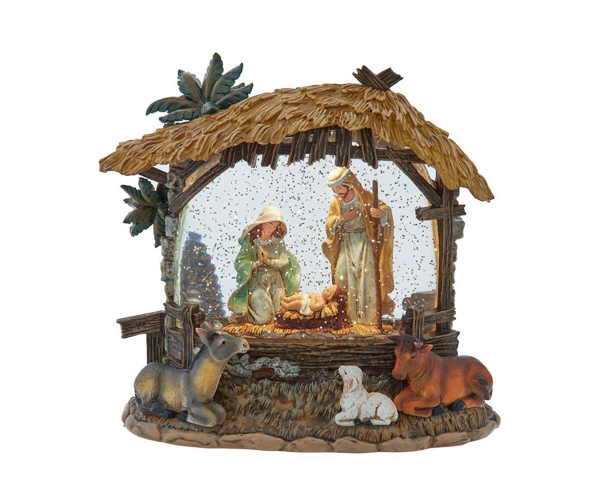 8-Inch Battery-Operated USB Lighted Nativity Scene with Spinning Glitter Water Globe