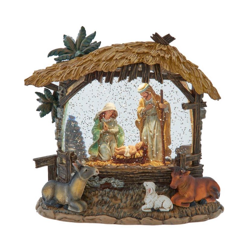 8-Inch Battery-Operated USB Lighted Nativity Scene with Spinning Glitter Water Globe