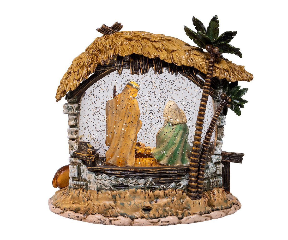 8-Inch Battery-Operated USB Lighted Nativity Scene with Spinning Glitter Water Globe
