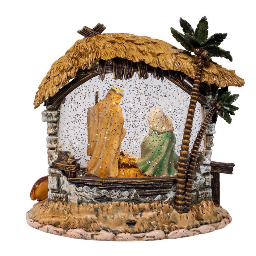 8-Inch Battery-Operated USB Lighted Nativity Scene with Spinning Glitter Water Globe
