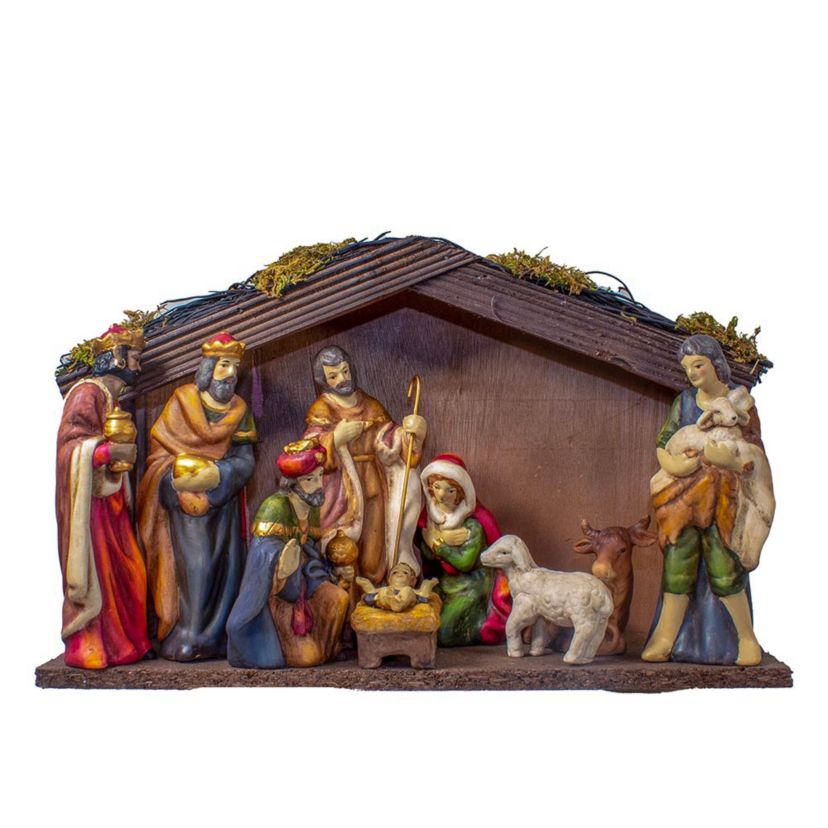 1.25-5.25-Inch Porcelain Nativity Figures With Wooden Stable, 9-Pieces